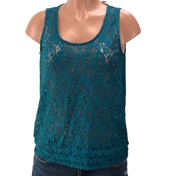Rafaella Top Womens Medium Sheer Lace Mesh Blue Floral Beach Boho Blouse… - Picture 1 of 12